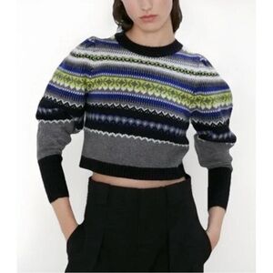 NWT Zara Crop Fair Isle Puff Sleeve Knit Sweater Size Small